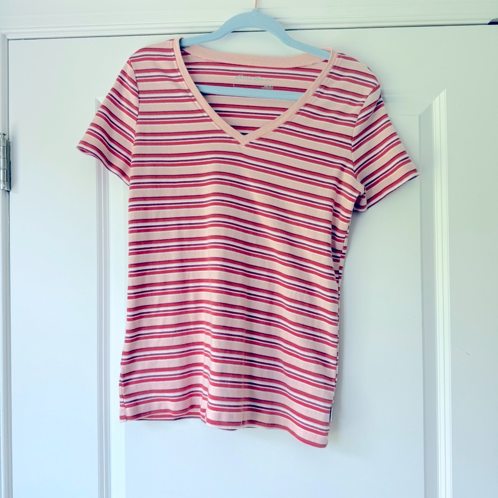 Eddie Bauer Pink Striped Fitted Short Sleeve T-Shirt, V-neck, XL -Runs small